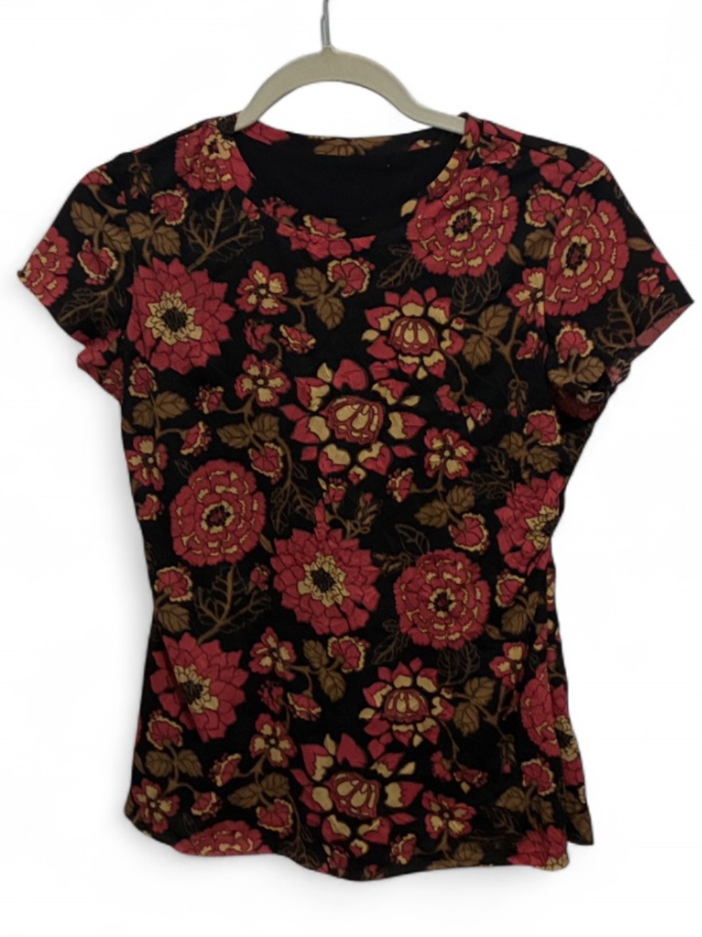 Y2K Floral Short Cap Sleeve Tee - Black with Red Floral Print